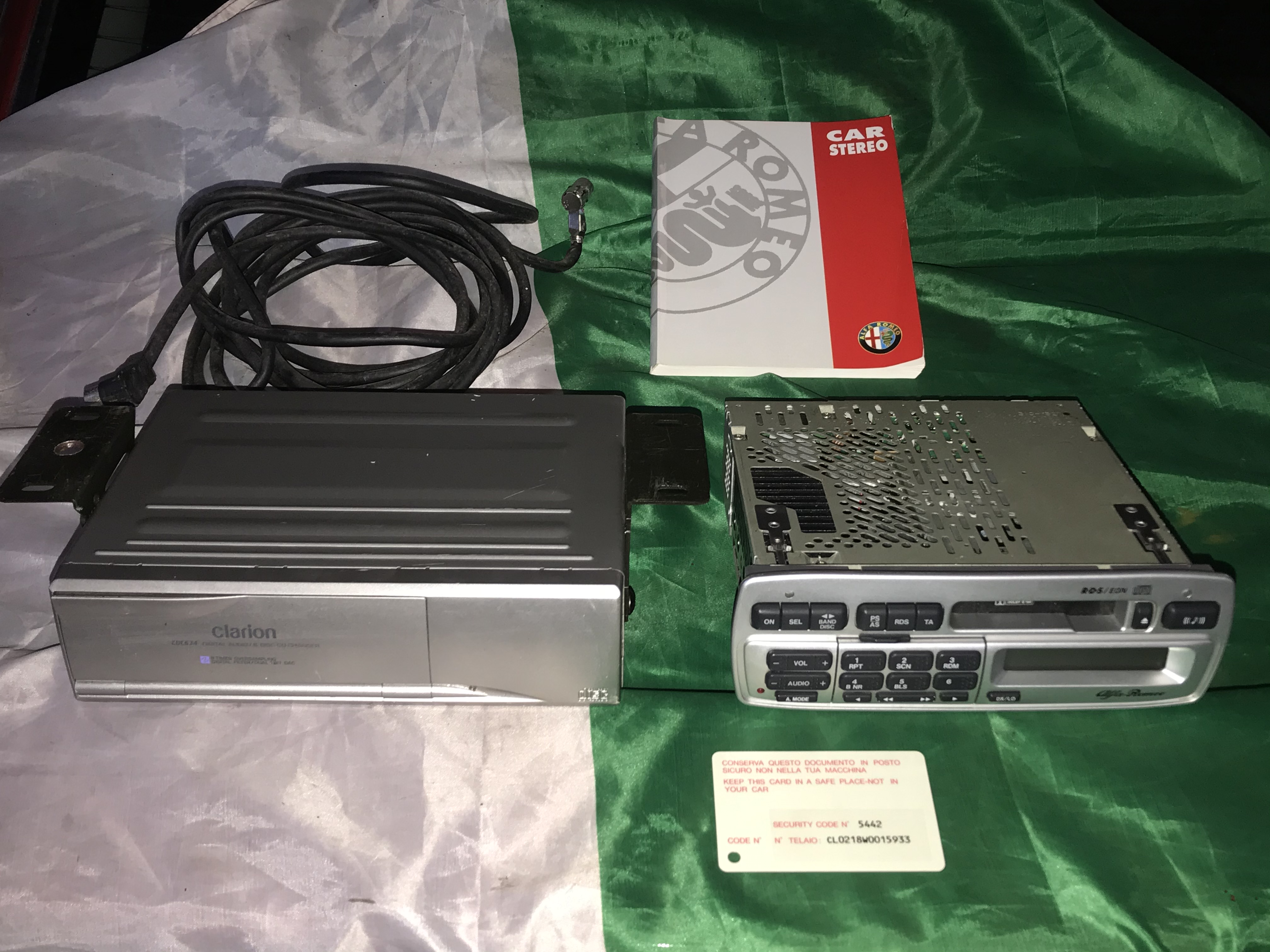 1998-2003 Alfa Romeo GTV & Spider 916 Original OEM Clarion Radio Stereo Silver Head Unit for Phase 2 Model Cars With CD Changer and User Manual